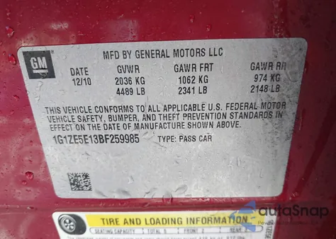 2011 Chevrolet Malibu Ltz z USA, uszkodzony, nr VIN 1G1ZE5E13BF259985